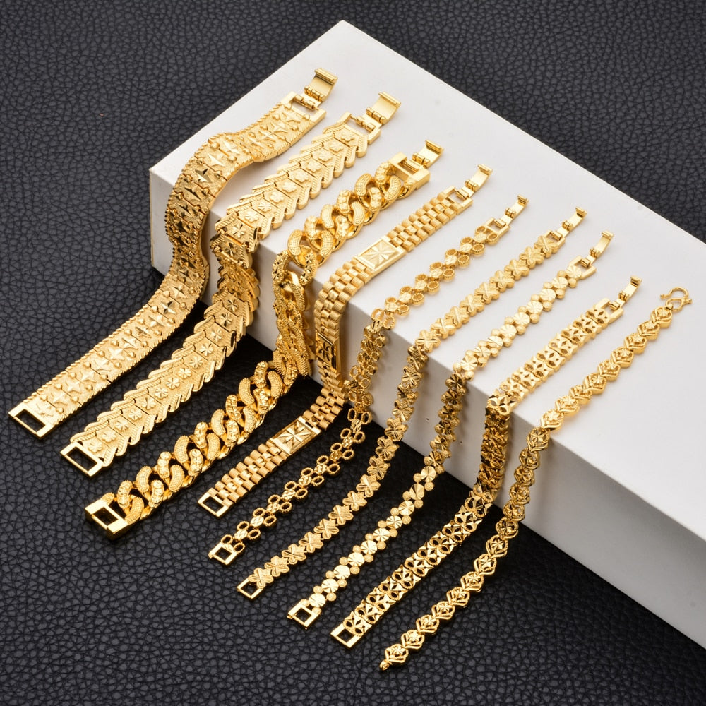 Plated 24K Gold Multi Shape Punk Bracelet Curb Cuban Chain Gold Color Bracelets Bangle For Men Women Jewelry Gifts