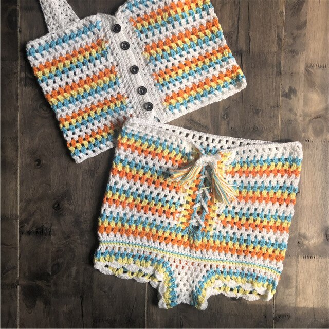 Colors Knitted Crochet Crop Top | Knitted Bikini Set | Crochet Shorts | Knitted Bralette | Lace Up Short | 2 Piece Set | Handmade Bikini Set