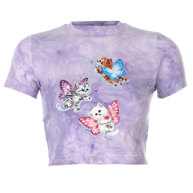 Camiseta corta informal con estampado de mariposas para mujer, Top corto de algodón morado con cuello redondo, ropa de calle básica de los 90, Top Cuteandpsycho