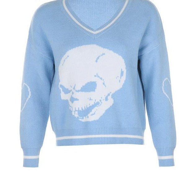Skull Printed Knitted Sweater | Loose Women Sweater | V-Neck Knitted Pullover Sweater | Y2K Skull Printed Sweater | Streetwear Sweater Gift - BonoGifts
