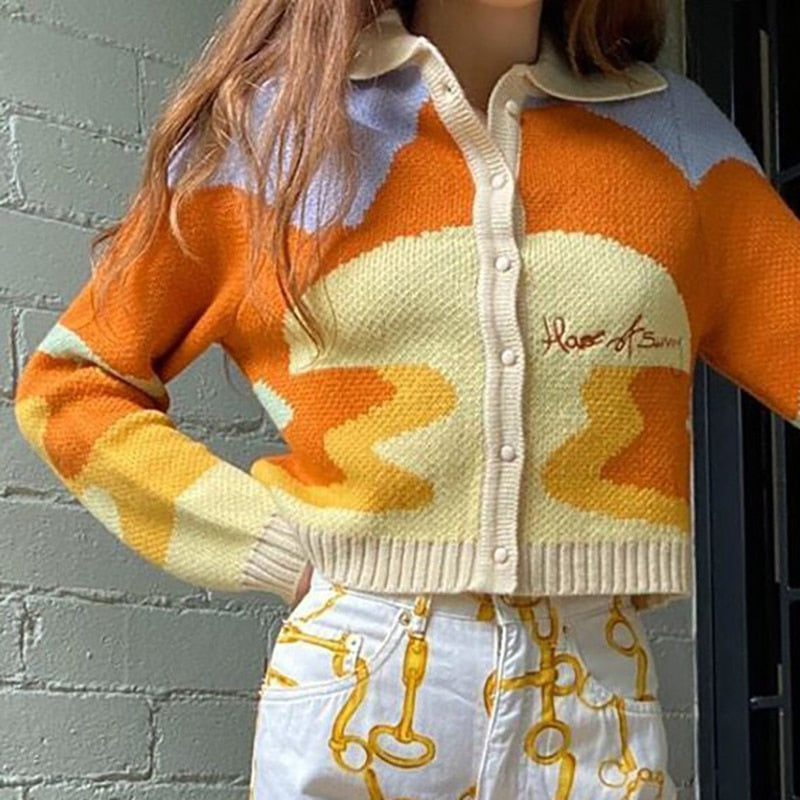 Colorful Knitted Sweater | Women Vintage Autumn Winter Sweater | long sleeve sweater Coat | Short Knitted Sweater | Sunshine Print Sweater - BonoGifts