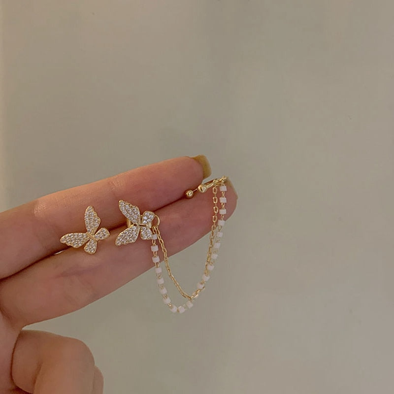 Mini Butterfly Chain Earrings | Rhinestone Butterfly Threader Earrings | Shiny Butterfly Stud | Korean Earrings | Butterfly Ear Cuff Earring