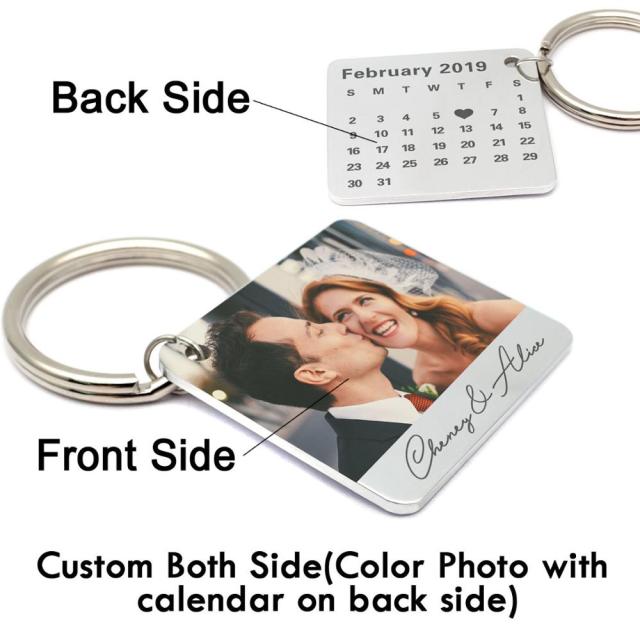 Personalized Photo Keychain | Custom Calendar KeyChain | Picture Keyring with Names | Anniversary Gift for Couples | Valentines Gift