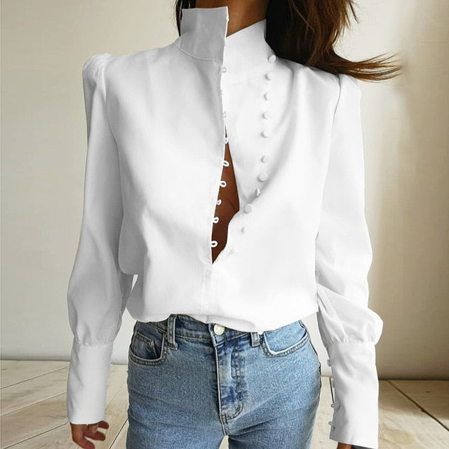 Rollkragen-Blusen-Shirt | Damen Langarmbluse | Weiße Bluse | Weiße Bluse mit Laternenärmeln | Frauen weißes Hemd | Damen Freizeitbluse