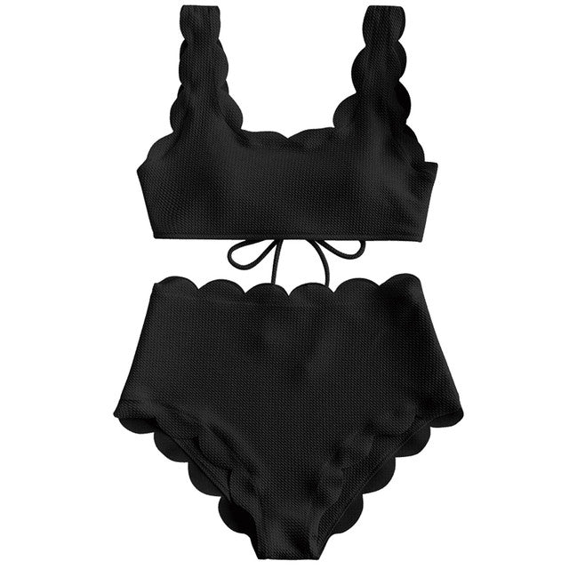 Conjunto de Bikini de cintura alta con textura festoneada para mujer, traje de baño liso de dos piezas con efecto Push Up para playa, traje de baño de encaje