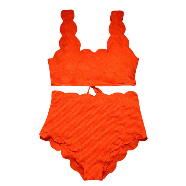 Conjunto de Bikini de cintura alta con textura festoneada para mujer, traje de baño liso de dos piezas con efecto Push Up para playa, traje de baño de encaje