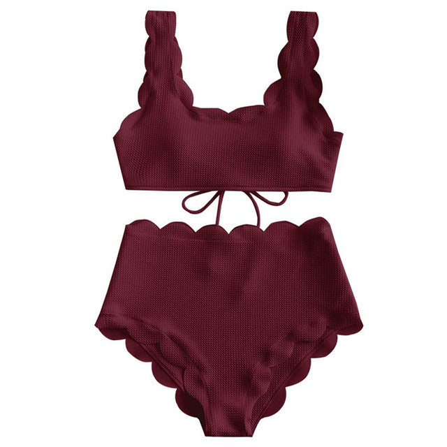 Women Scalloped Textured High Waist Bikini Set Solid Two Pieces Push Up Beach Bathing Suits Swimwear Lace Biquinis Bathing Suits
