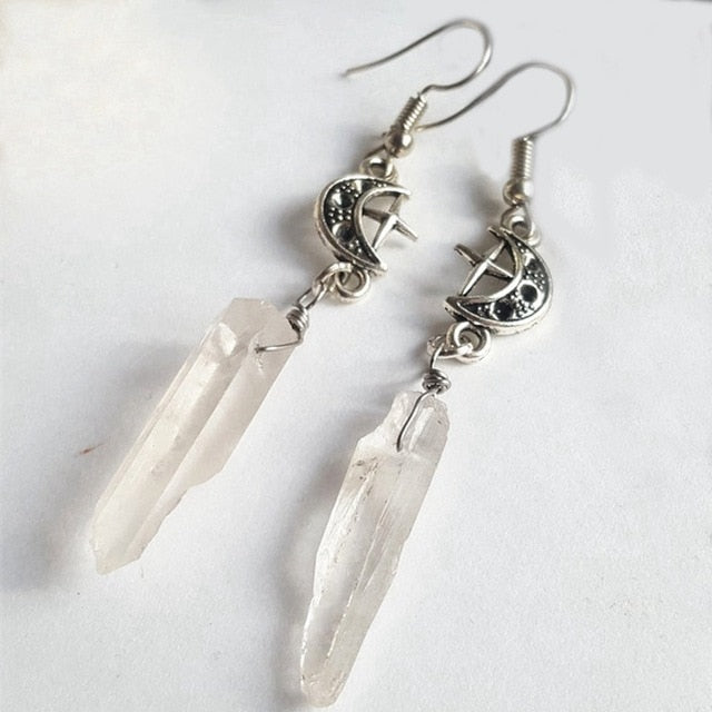 Clear Quartz Moon Earrings - Boho, Witchy, Natural Stones, Esoteric, Celestial, Alternative, Nugoth, Gothic, Romantic.star Gift
