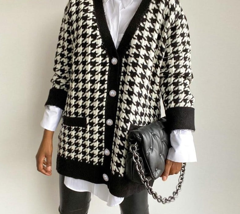 Women Loose Sweater | Oversized Button Down Knitted Sweater | Casual V Neck Long Sleeve Sweater | Houndstooth Cardigan Sweater Outwear Coat - BonoGifts