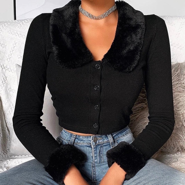 Black Long Sleeve Women Fluffy Turn-down Collar Button  Women Shirt Warm Cropped Top Slim Elastic Casual Tops