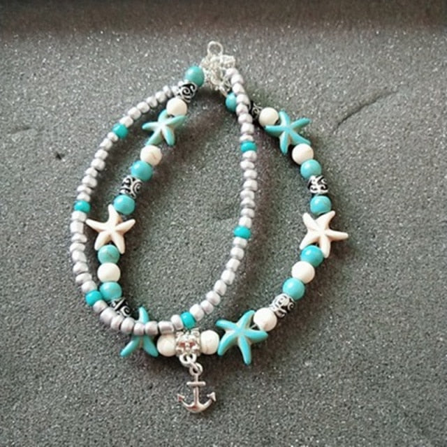 Vintage Style Shell Beads Starfish Anchor for Women Multi Layer Anklet Leg Bracelet Handmade Bohemian Summer Jewelry