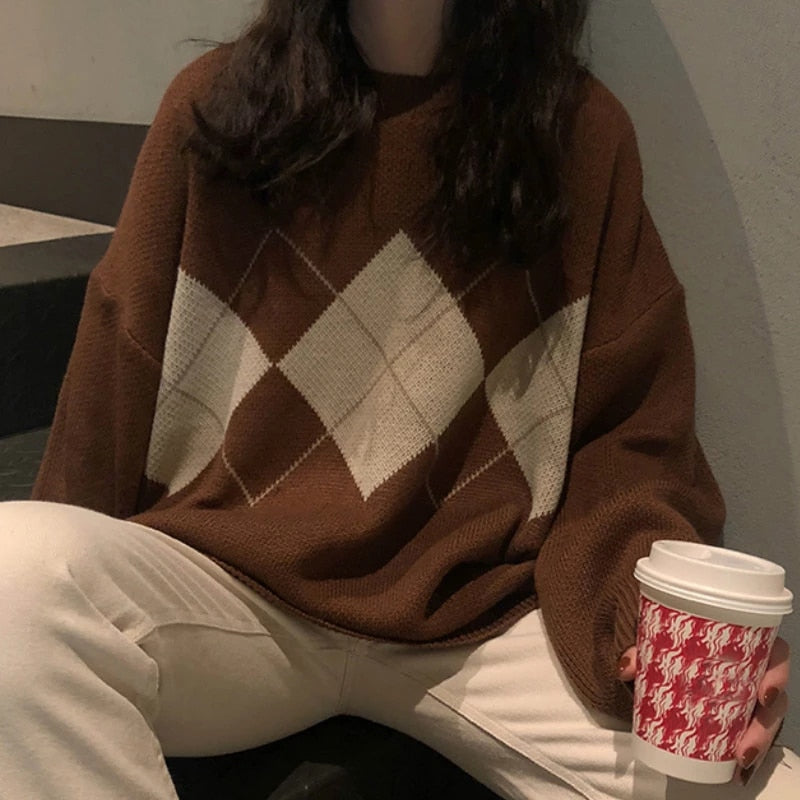 Women Knitted Sweater | Geometric Pattern Sweater | Korean Style College Girl Sweater | Casual Regular Sweater | Female Long Sleeve Oversize - BonoGifts