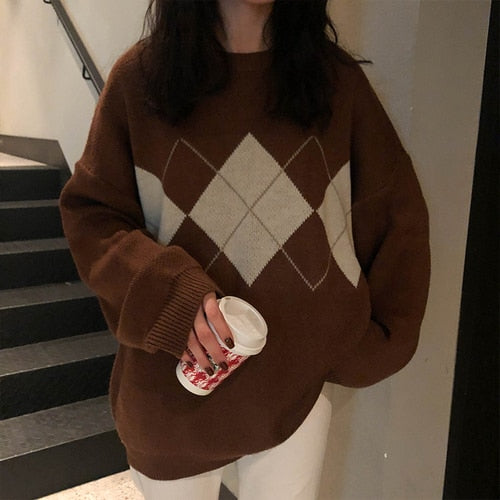 Women Knitted Sweater | Geometric Pattern Sweater | Korean Style College Girl Sweater | Casual Regular Sweater | Female Long Sleeve Oversize - BonoGifts