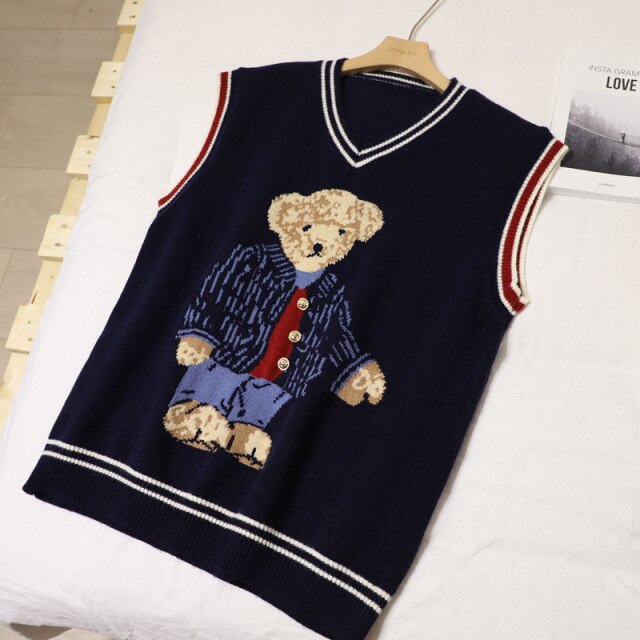 Teddy Bear Sweater Vest | Casual V Neck Sweater | Women Knitted Sweater | Korean Style Sweater | Girl Winter Sweater | Cartoon Vest Pullover - BonoGifts