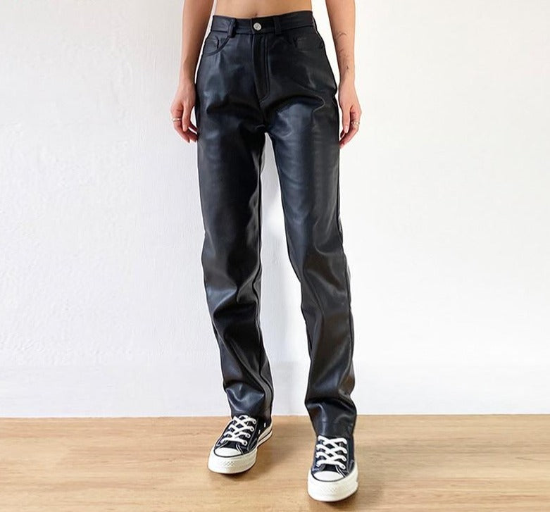 Faux Leather Pants | Women Black Pants | Street Style Pants | High Waist Pockets Pants | Cargo Black Pants | Minimal Casual leggings Pant - BonoGifts