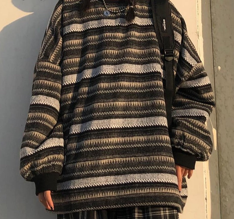 Women Striped Knitted Sweater | Hip Hop Sweater | Street Fashion Sweater | Oversize Unisex Couples Sweater | Women Winter Crew Neck Sweater - BonoGifts