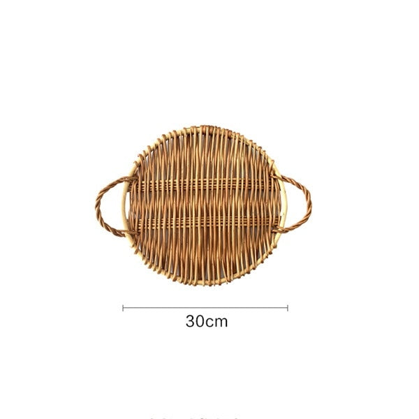 Rattan Storage Tray Dinner Coffee Breakfast Serving Bread Tray Round Rectangle Hand-Woven Food Basket with Handle Home Decor