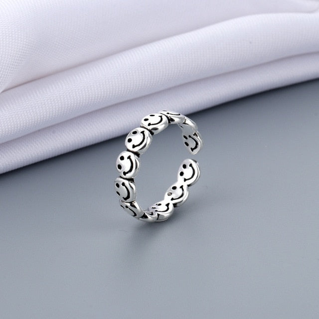 Vintage Ancient Silver Color Happy Smiling Face Open Rings for Women Punk Hip Hop Adjustable Ring  Jewelry Best Gift