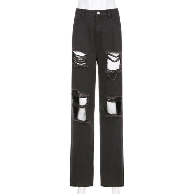 Pantalones vaqueros de mujer rectos desgastados rasgados con agujero negro de gran tamaño de cintura alta Baggy Boyfriend Punk pantalones de mezclilla calle Iamhotty