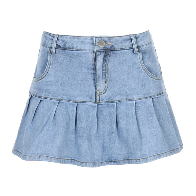 High Waisted Pleated Mini Denim Skirt | Denim Skirt for Girl | Casual Denim Skirt | Preppy Style Casual Zipper Skirts | Denim Pleated Skirts