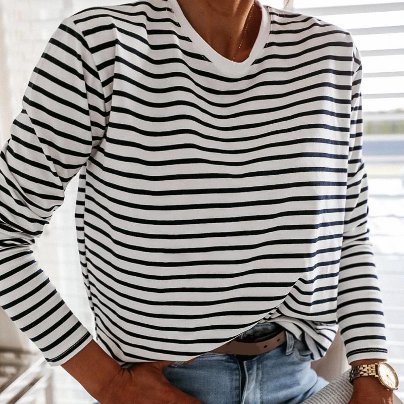 Women Black And White Striped Shirt | Round Crew Neck Shirt | Korean Shirt Long Sleeve Loose Pullover Shirt | Black & White Striped Top - BonoGifts