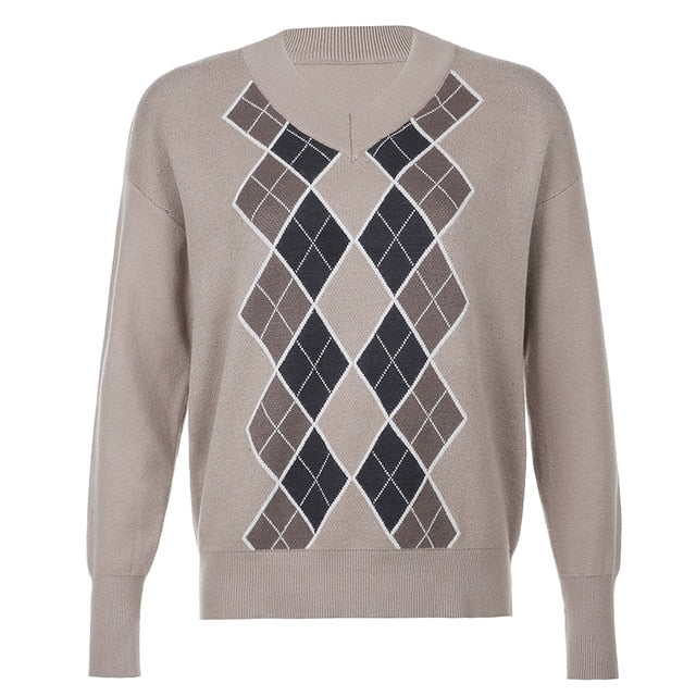 Argyle-Pullover | Lässige Streetwear | Pullover mit V-Ausschnitt und langen Ärmeln | Karierter Strickpullover für Damen | Frauen Y2K Pullover | Pullover Pullover Pullover