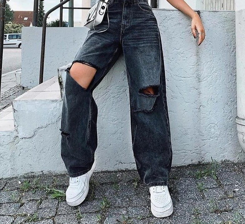 Zerrissene Damen Jeans Weites Bein Lange Cargohose Damen Schwarz Boyfriend Jeans Mode Lose Hohe Taille Vintage Koreanische Damenhose