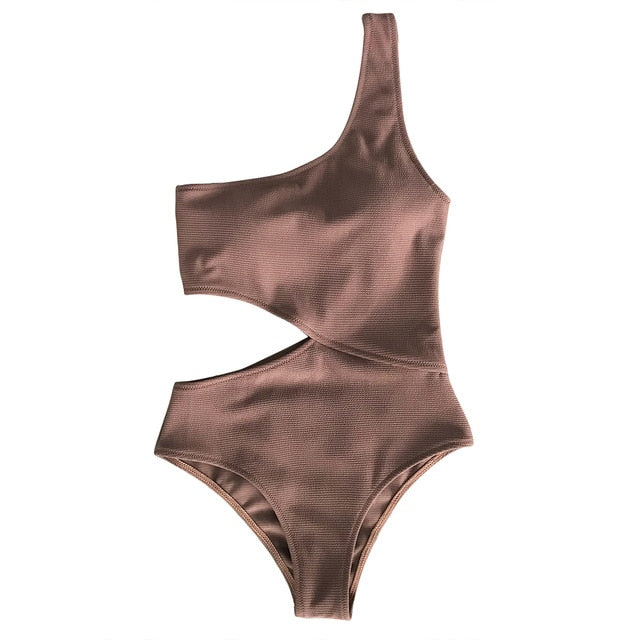 One Shoulder Cut Out One-piece Swimsuit Women Beach Solid Brown Bathing Suit Swimwear   Girl Plain Swimsuits