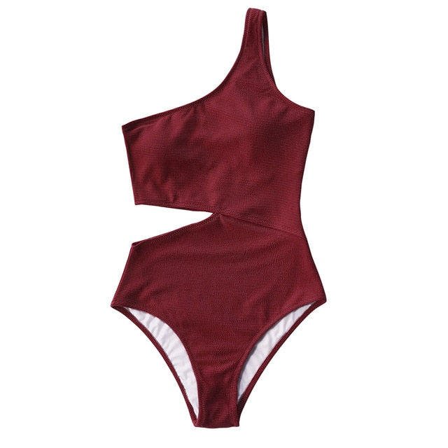 One Shoulder Cut Out One-piece Swimsuit Women Beach Solid Brown Bathing Suit Swimwear   Girl Plain Swimsuits