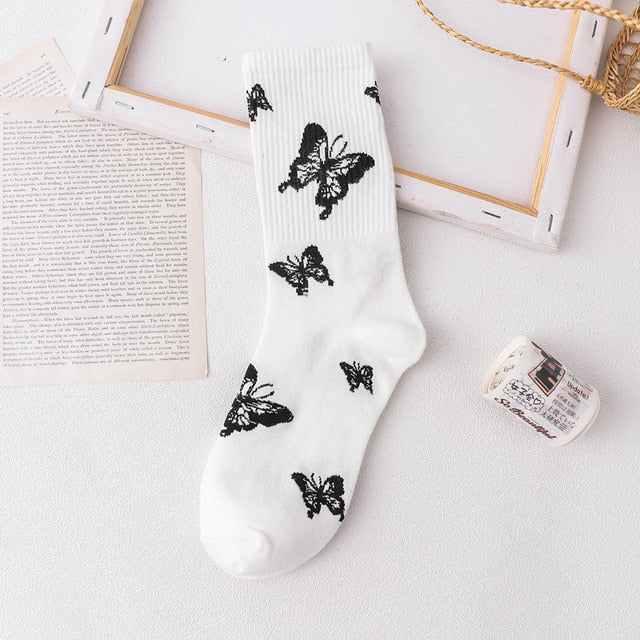 Calcetines Largos Mariposa Blanco Negro | Calcetines Mujer Felices | Calcetines minimalistas de estilo coreano | Calcetines Mujer Streetwear | Calcetines casuales con estampado de mariposas 