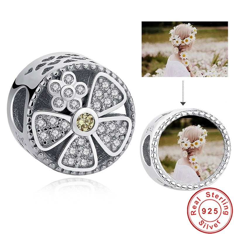 Abalorio de plata de ley 925 personalizado con foto personalizada | abalorio de flor de margarita de cristal | Encanto de mujer en forma | Pulsera de joyería de bricolaje