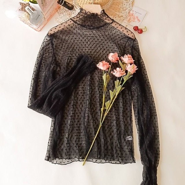 Lace Knitted Blouse | Long Sleeve Blouses | Transparent blouse for women | Sexy Women Blouse | Women Lace Blouses | Girl Romantic Blouse - BonoGifts