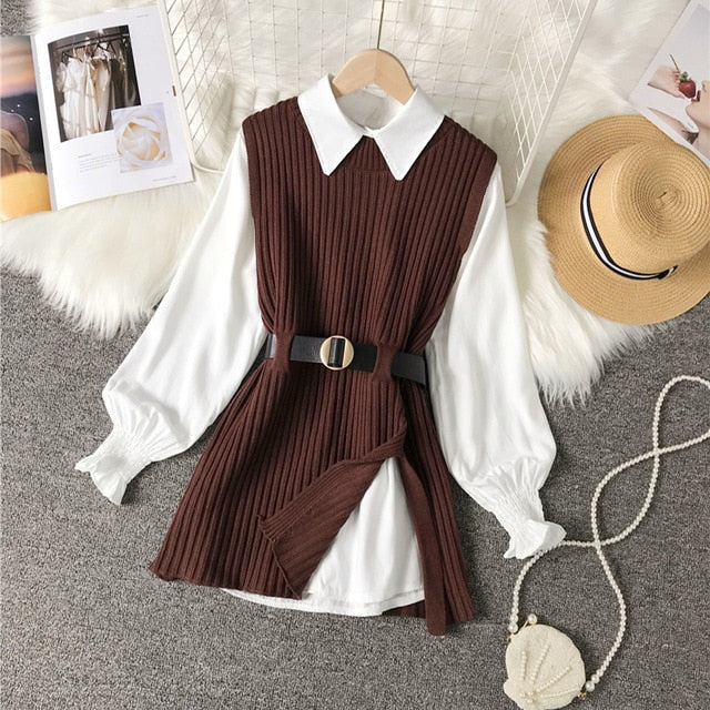 Women Split Knitted Belted Vest | College Style Vest | Women Knitted Vest Shirt | Long Sleeve Round Neck Sweater Shirt Knit Set With Belt - BonoGifts