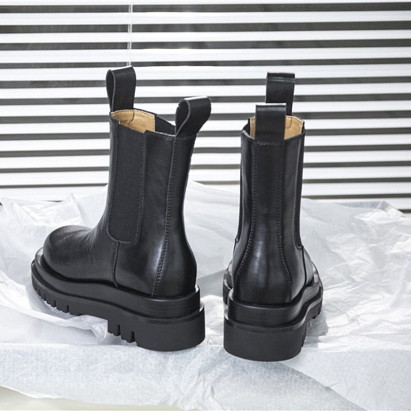 Botas Chelsea Mujer | Botas de Cuero Genuino | Botines | Botas de invierno para mujer | Zapatos Tacón Grueso | Botas Gruesas | Botines chelsea negros