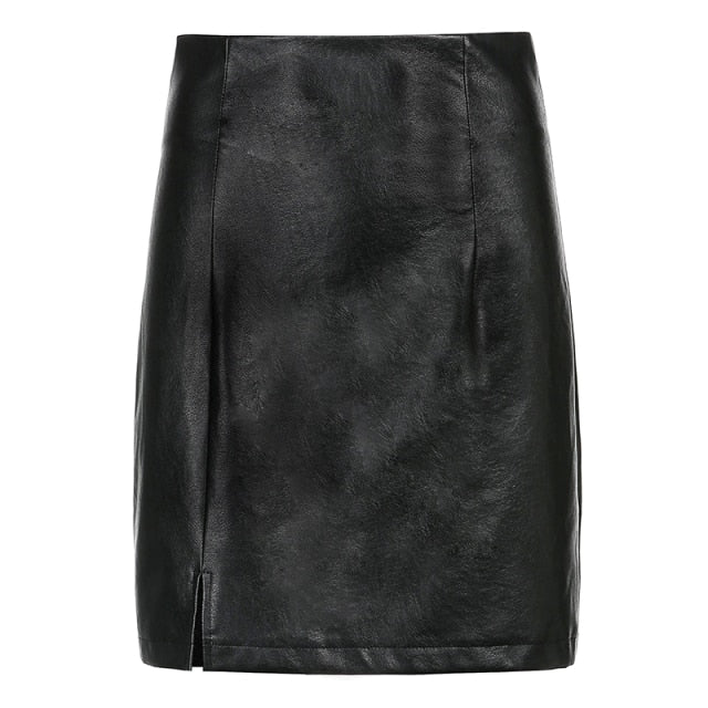 Minifalda de cuero negra con abertura negra para mujer, faldas Sexy góticas ajustadas de estilo Punk de cintura alta coreanas para mujer