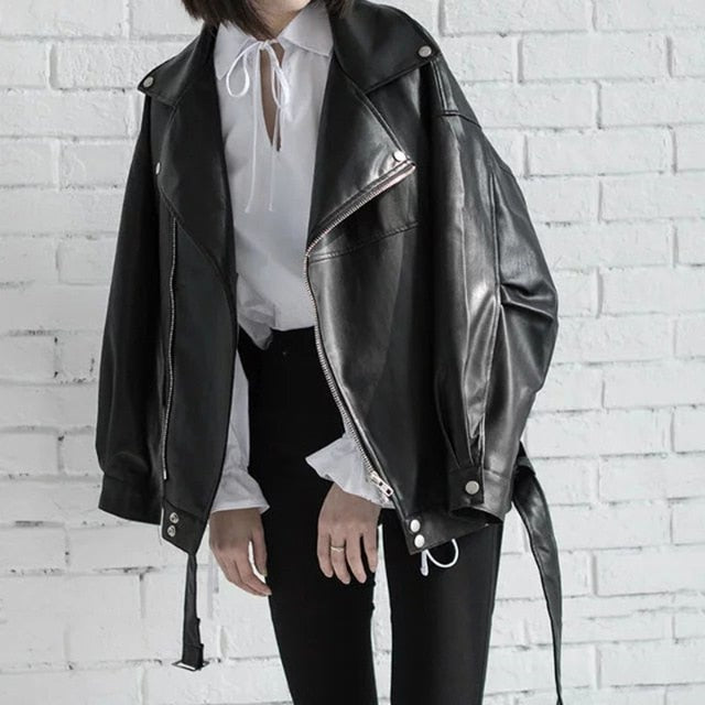 Schwarze Lederjacke | PU-Lederjacken für Damen | Lockere Jacke mit Umlegekragen | Wilde Reißverschlussjacke | Damen Casual Lederjacke Mantel