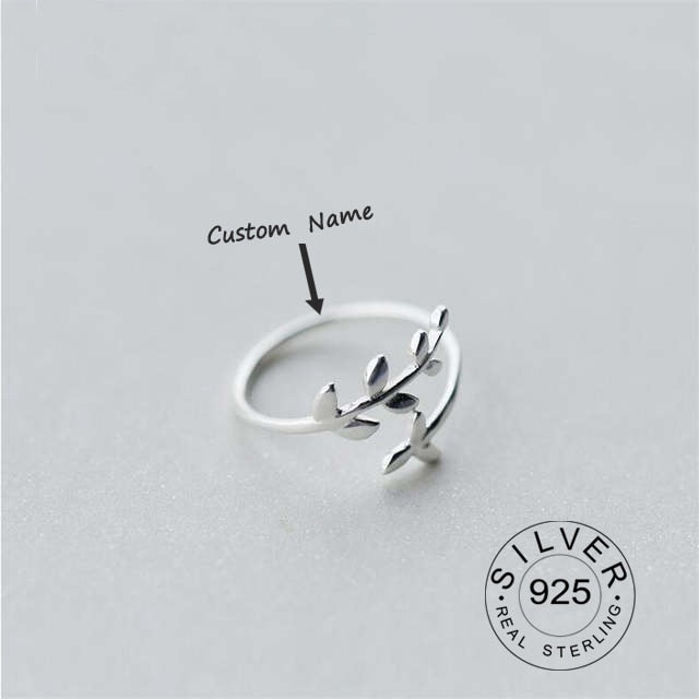 Nombre personalizado Real S925 plata esterlina ramas delicadas hojas anillo Tendencia personalizada anillo ajustable de alta calidad