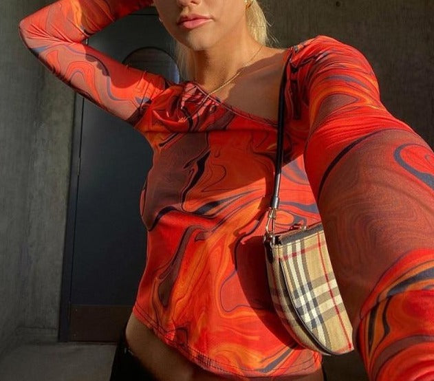 Tie Dye Print Long Sleeve Crop Top | Cut Out Orange Sexy Shirt | Tie Dye Crop Top | Y2K Crop Top | Women Spring Summer Outfit | Fancy Tops - BonoGifts