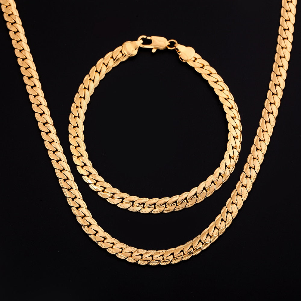 18K Gold 5mm Curb Cuban Link Chain Necklace Bracelet 2 Pcs Set | Gold Chain Necklace | Gold Chain Bracelet | Jewelry Set | Valentine's Gift
