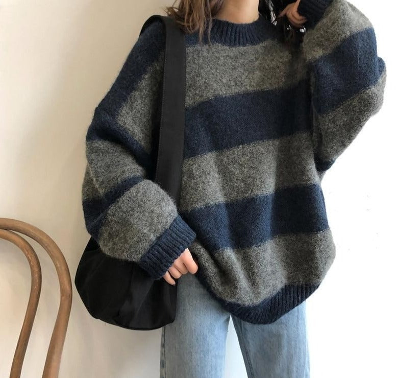 Striped Hand Knitted Sweater | Striped knitted sweater | Women Loose Pullover Sweater | Oversize Knitted Sweater | Casual Women girl Sweater - BonoGifts