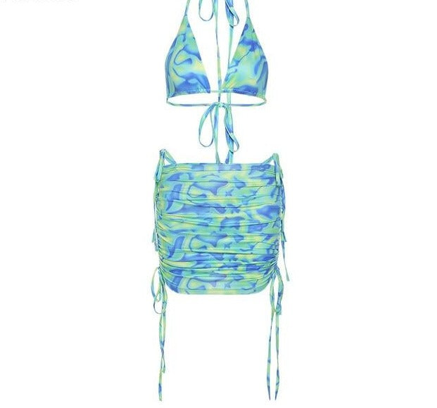 Women Backless Sexy Hot Top Skirt Set | Women Bikini Swimwear | High Cut Swimsuit for Women | Tie-Dye Crop Tops | Printed Drawstring Skirts - BonoGifts