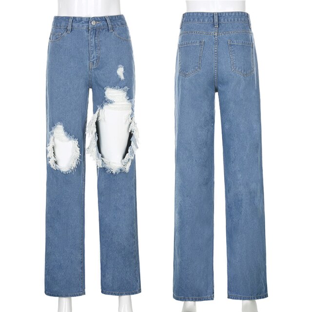 Jahr 2000 gerippt | Zerrissene Jeans für Damen | Baggy-Jeans für Damen | Jeans mit hoher Taille | Streetstyle-Jeans | Streetwear zerrissene Jeans | Blaue Denim-Jeans-Hose