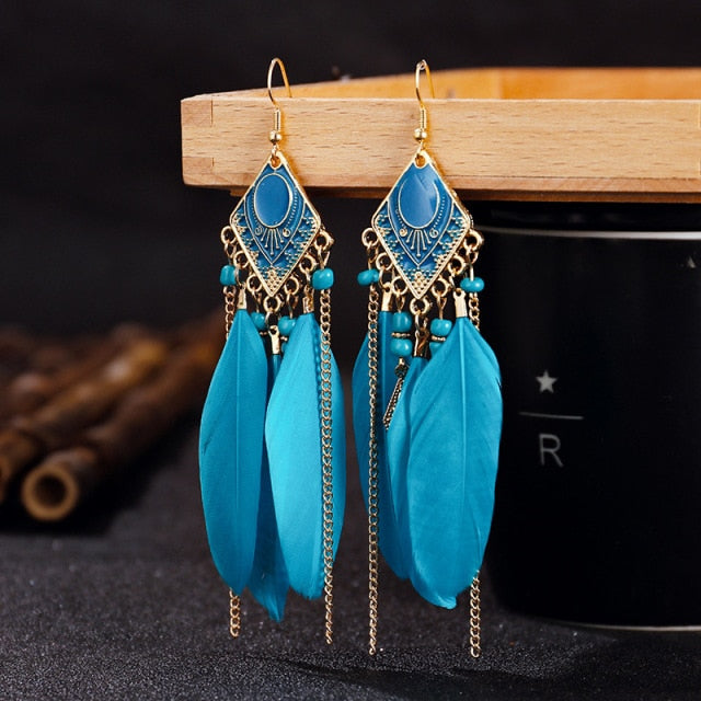 Summer Blue Long Feather Dangle Earrings For Women Beach Chain Tassel Drop Earrings Wedding Bride Jewelry Oorbellen Hangers