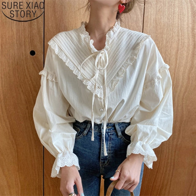 Women Korean Style Loose Blouses | Hollow Out Tops Shirt | Women Casual Top | Solid Long Sleeve Top | Women Vintage Elegant Top | Fancy Top - BonoGifts