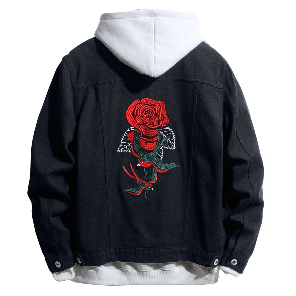 Men's Rose Flower Bird Embroidery Black Jean Jacket Trendy Denim Coat Top Outerwear