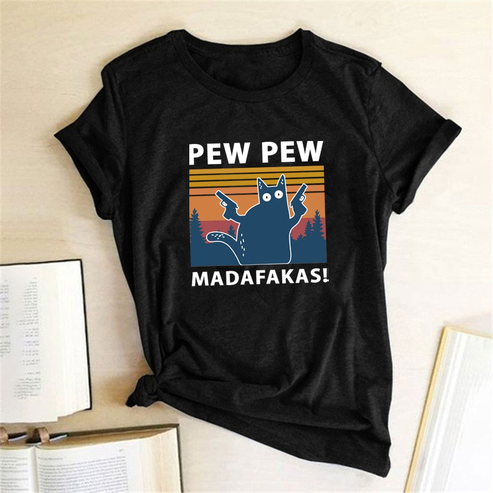 Pew Pew Madafakas Tshirt | Funny Cat Shirt | Sunset Pew pew Shirt | Pew Pew Shirt | Funny Parody Shirt | Funny Crazy Cat Lover Gun Tee Shirt - BonoGifts