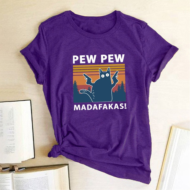 Pew Pew Madafakas Tshirt | Funny Cat Shirt | Sunset Pew pew Shirt | Pew Pew Shirt | Funny Parody Shirt | Funny Crazy Cat Lover Gun Tee Shirt - BonoGifts