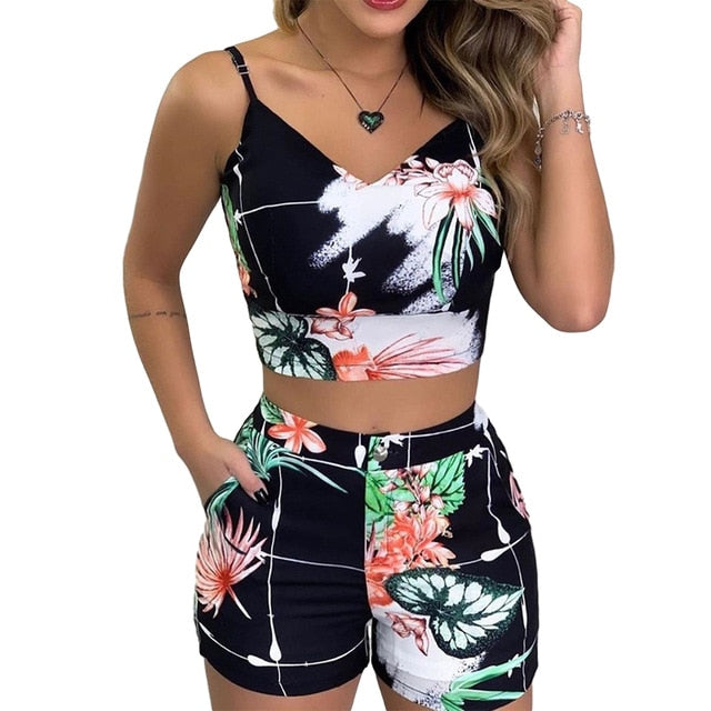 Women Sleeveless Print Top Short Set | Floral Strap Crop Top and Shorts | Women Party Wear | Summer Casual Top | Summer Fashion 2 Piece Set - BonoGifts