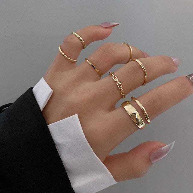 7pcs  Jewelry Rings Set Hot Selling Metal Alloy Hollow Round Opening Women Finger Ring For Girl Lady Party Wedding Gifts