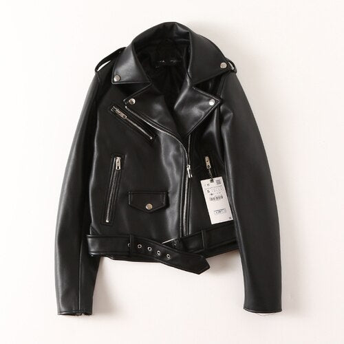 Faux Leather Biker Jacket | Women Leather Jacket | Moto Biker Jacket | Turn Down Collar Jacket with Belt | Women Jackets | Pu Leather Jacket